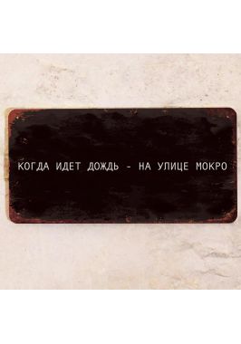 Прикольная табличка "Когда идет дождь - на улице мокро", металл, 15х30 см Прикольная табличка "Когда идет дождь - на улице мокро", металл, 15х30 см